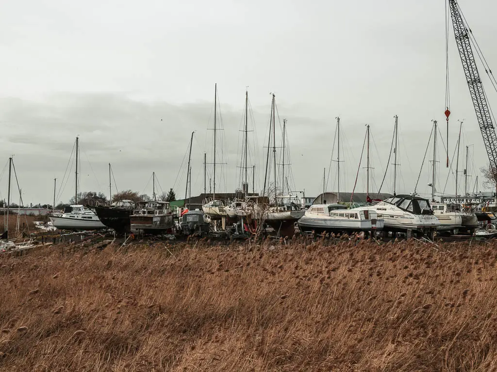 Lots of boats on the other side of the hay.