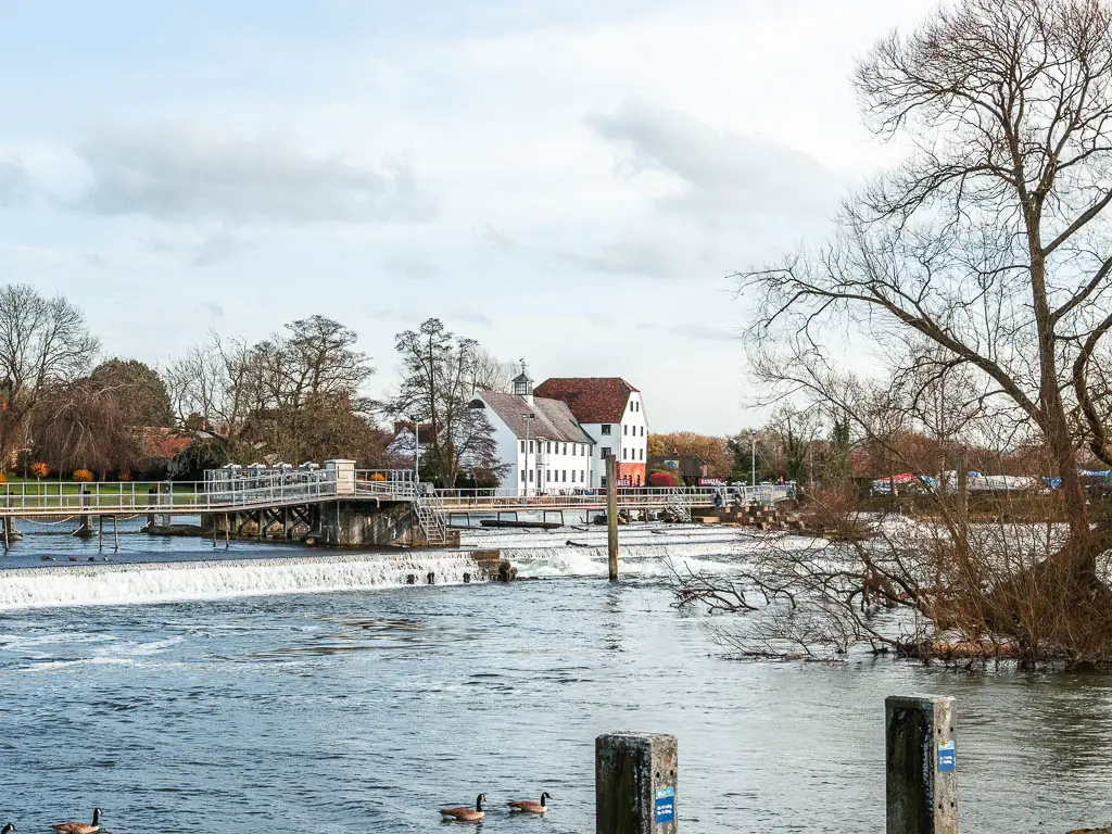 Look across the ice blue river to some white buildings on the other side in Hambleden.