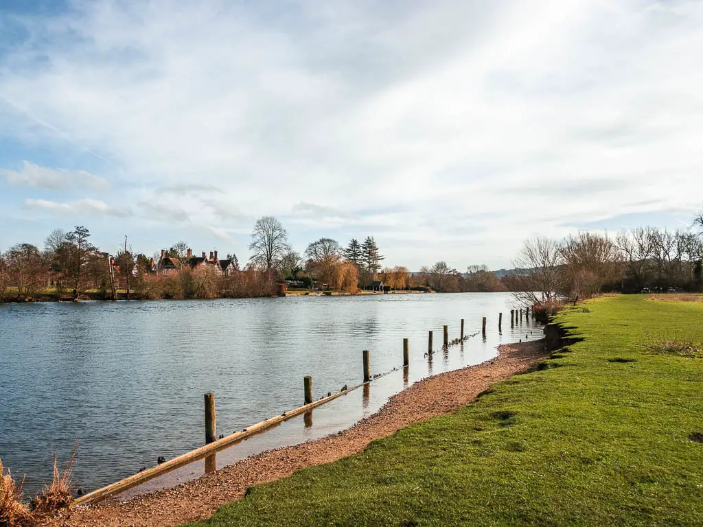 The green grass bank in a diagonal across the frame next to the River Thames. 