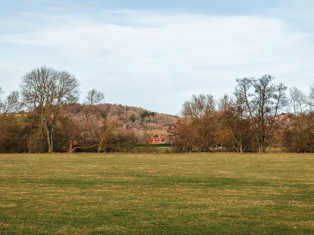 A large green grass field with lots of trees on the other side, and a red house way in the distance visible through a gap in the trees. 