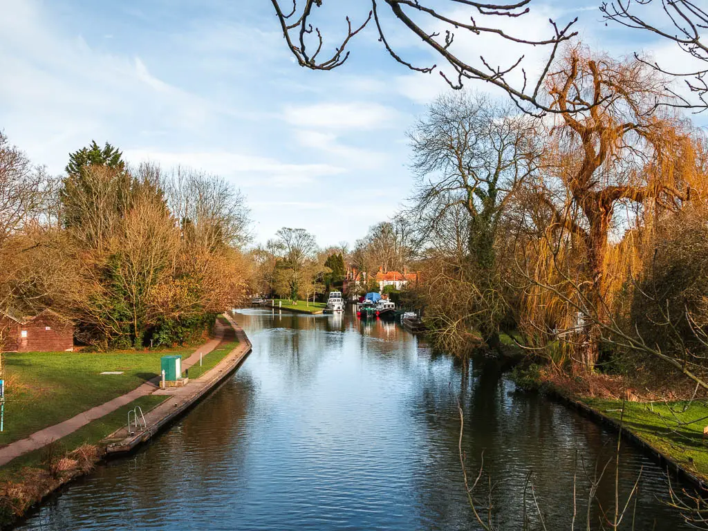 Looking down and along the River Thames which is lined with grass, a neat path and trees, on the walk to Marlow from Henley. 