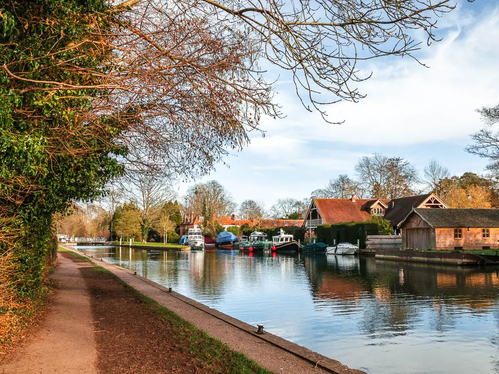 A path on the left with the River Thames to the right and some houses and boats moored on the other side, on the walk to Marlow from Henley. 