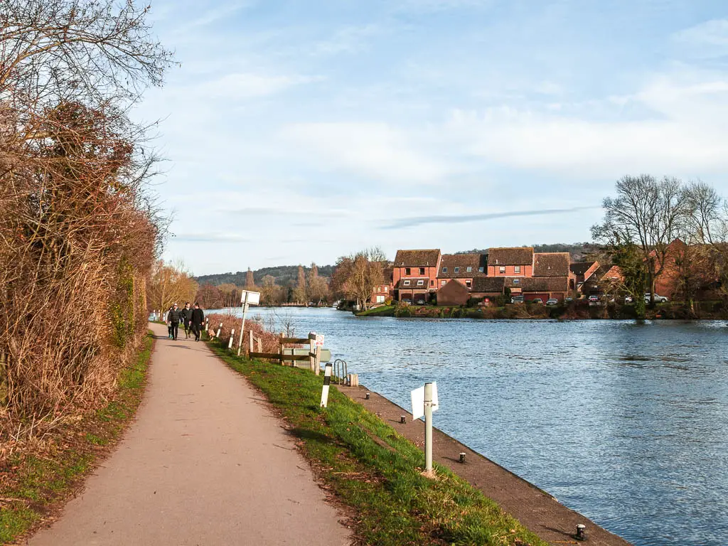 A clean path running along the left side of the river. There are some people walking on the path. There are some houses on the other side of the river. 