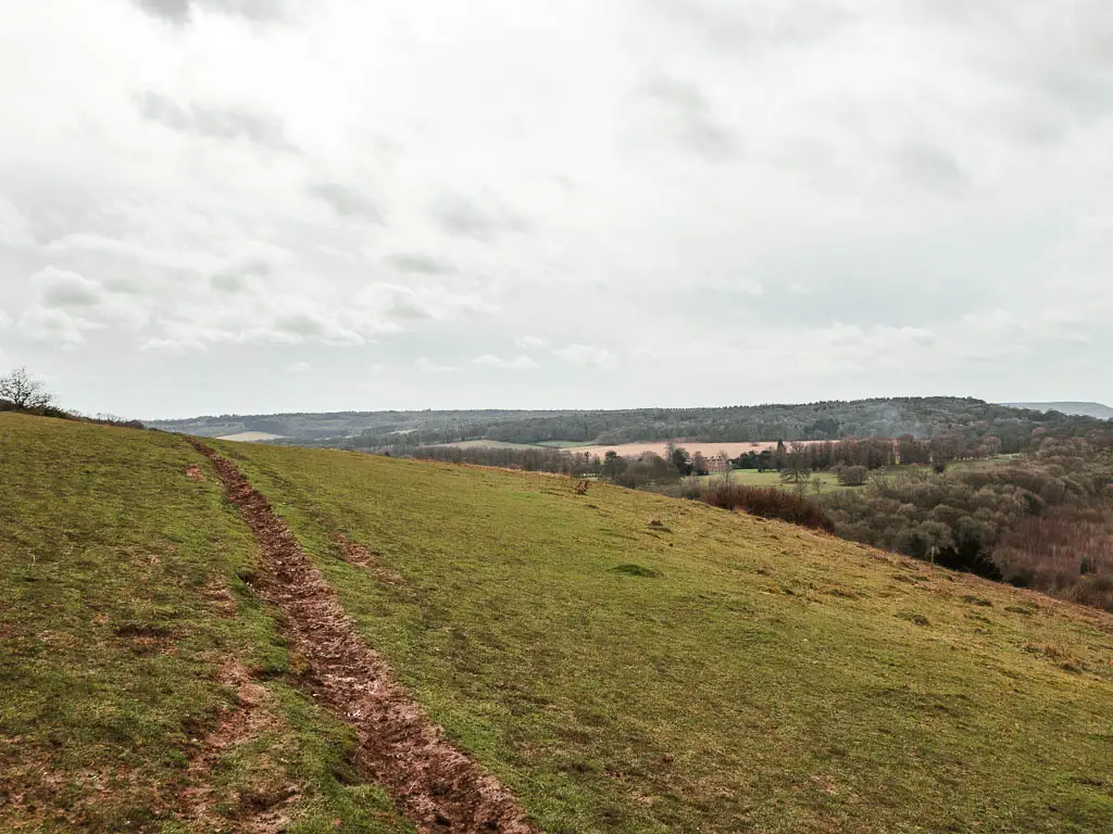 A narrow dirt trail running across the grass top of Coombe Hill on the walk towards Beacon Hill.