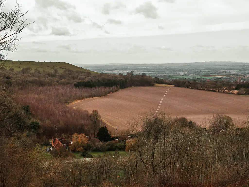 Looking down from Coombe Hill towards Beacon hill which is next to a large crop field on the walk from Wendover.  There is a trail running through the crop field, which is also surrounded by trees.