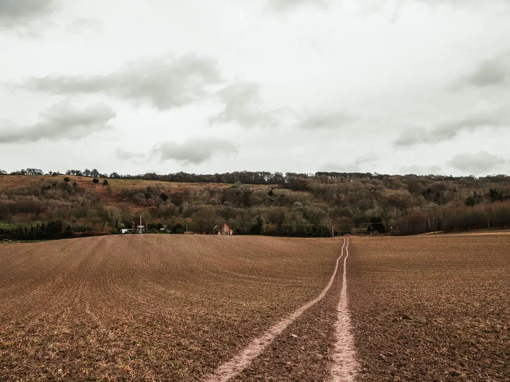 An empty crop field with a trail running through it on the walk towards Beacon Hill from Wendover and Coombe Hill.