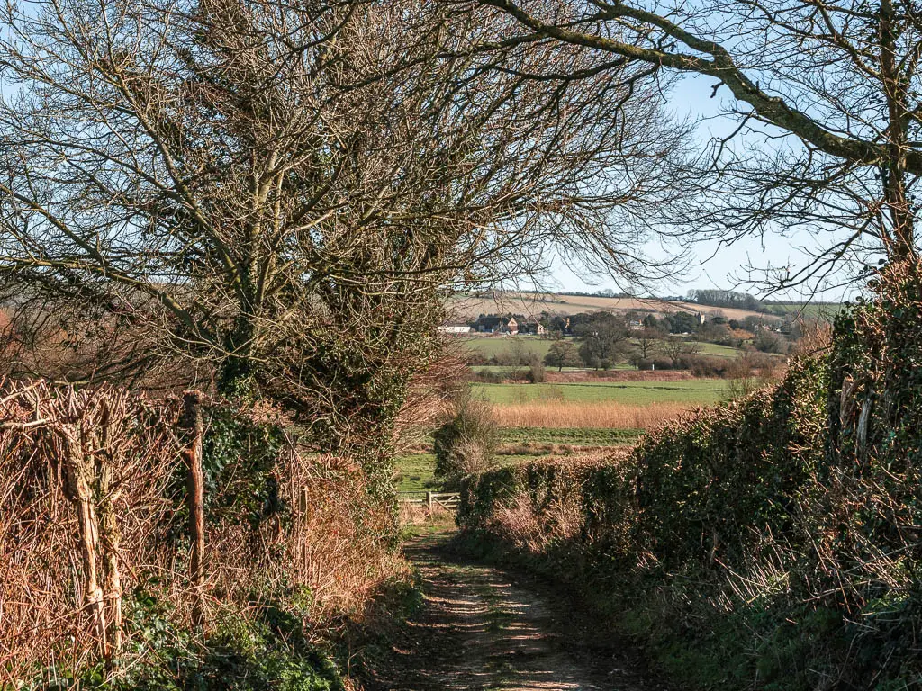 The path leading downhill with hedges to the left and right and the hills and fields ahead in the distance. 