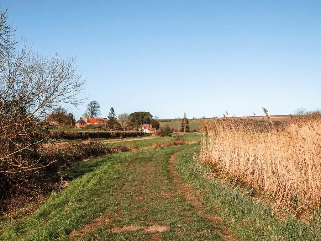 A grass trail leading to some houses in the distance on the walk from Amberley to Arundel.