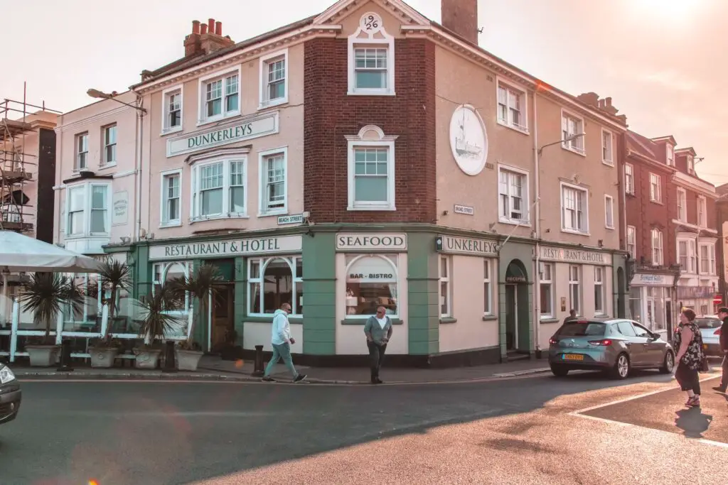 Storefronts in Deal at sunset. 