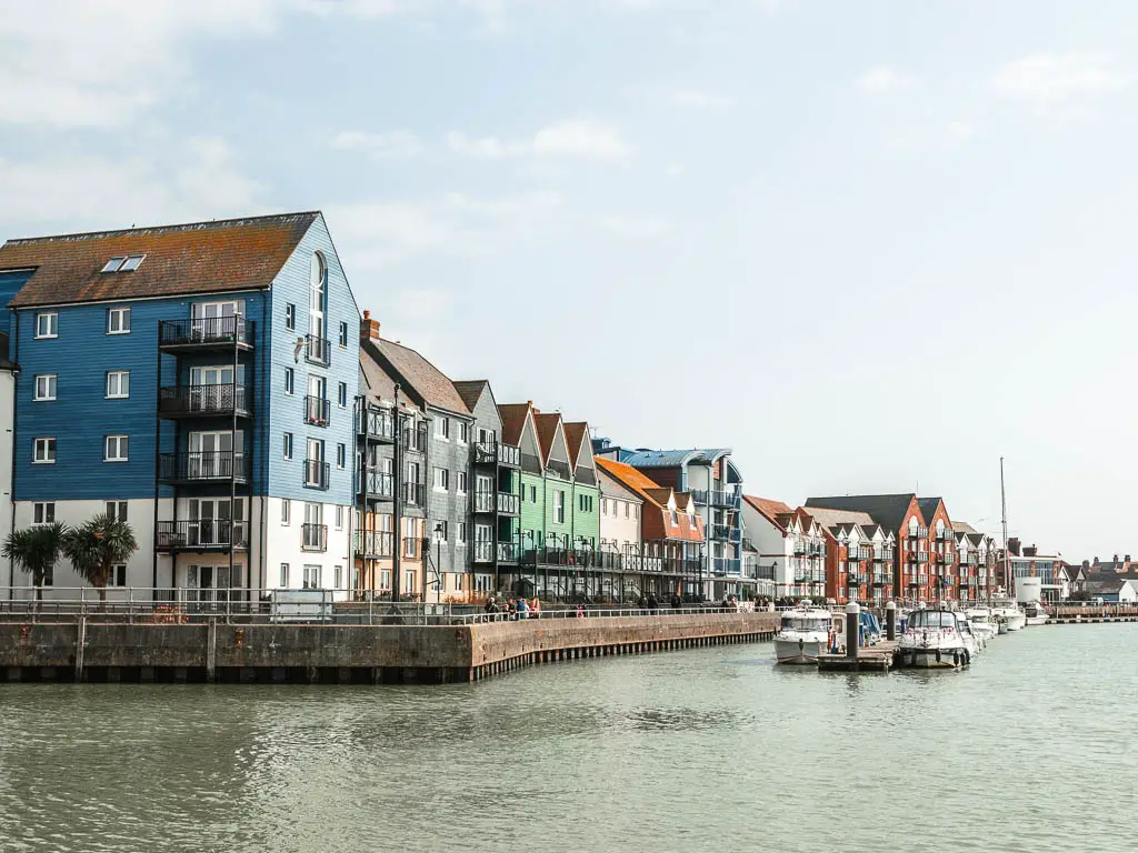 The colourful buildings on the walk along the riverside in Littlehampton. 