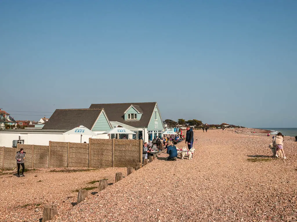 A shingle beach with a pastel green food hut to the left and lots of people walking around with their dogs. 