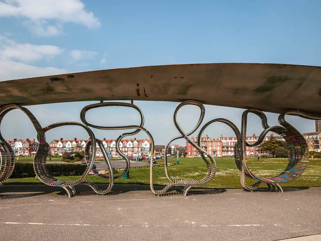 The curbed colourful longest bench in Britain on the walk though Littlehampton. 