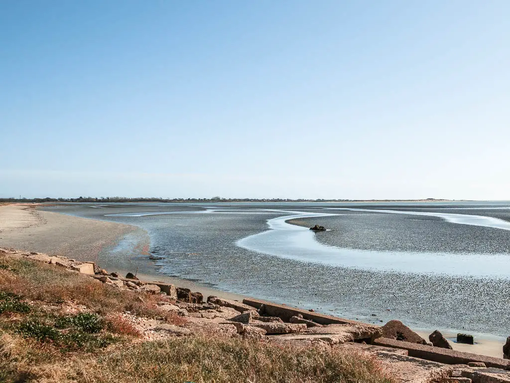 The blue sea with ripple running through it on the circular Thorney Island walk.