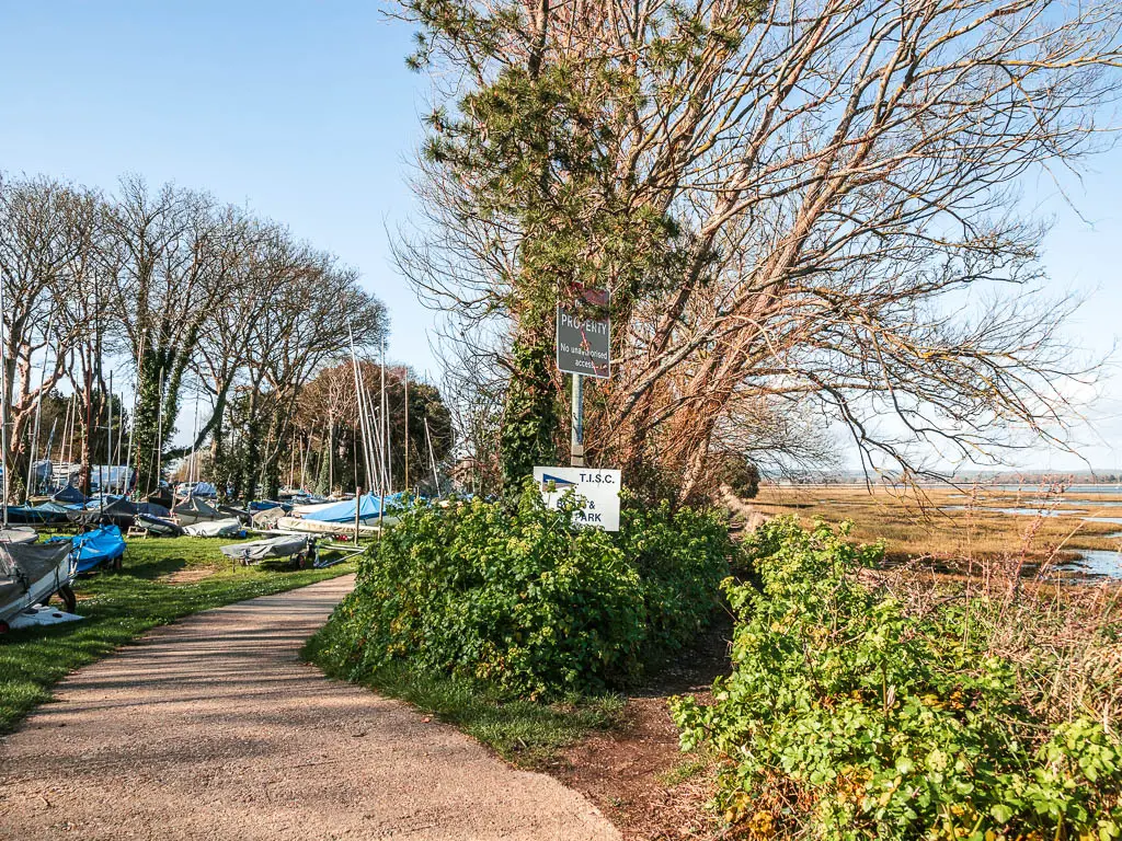 A path to the left leading to the boats, and a narrow trail to the right.