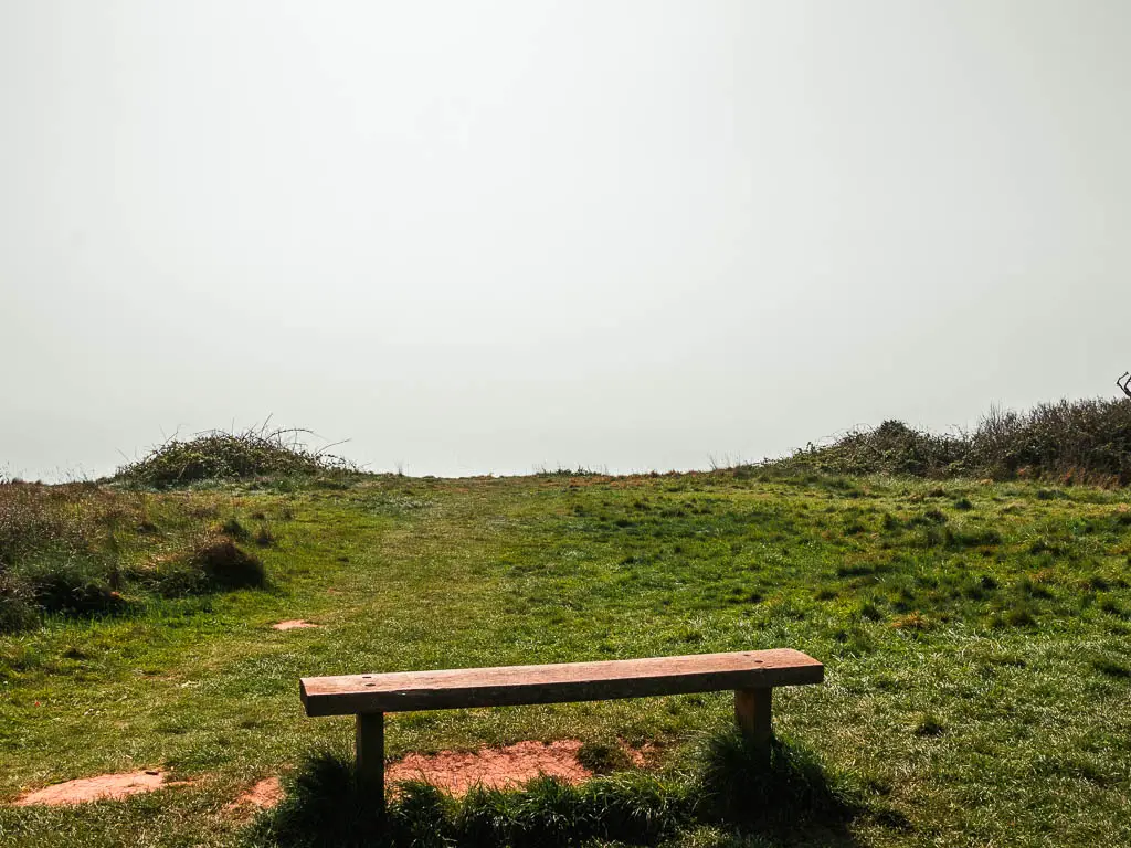 A wooden bench on the green looking ahead to the fog.