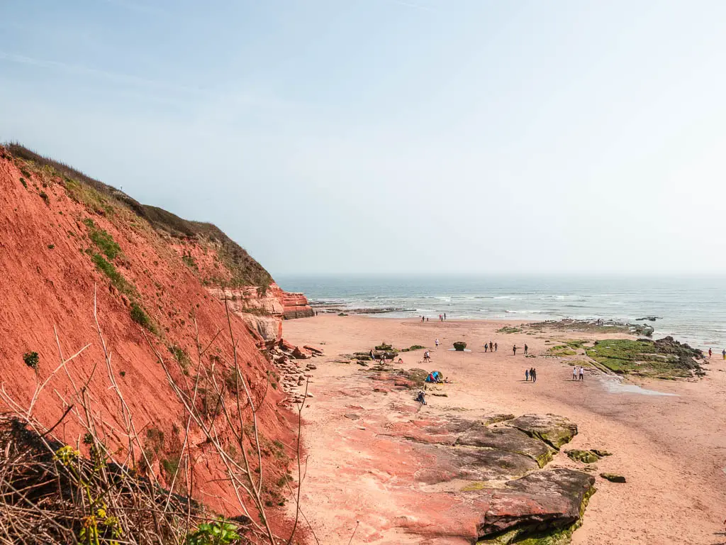 Looking down to Exmouth beach with the red cliff face to the left on the coastal walk to Budleigh Salterton. There are a few people walking on the beach.