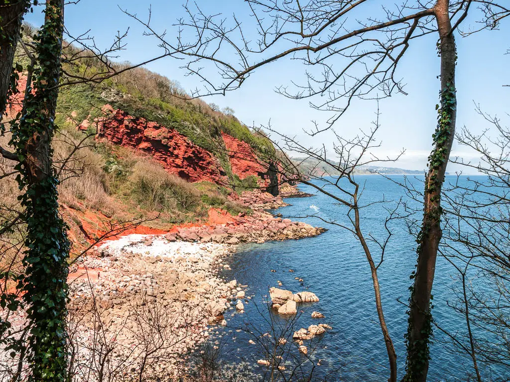 Looking through a gap in the trees to the rugged red cliffside and rocky beach as it meets the blue sea.