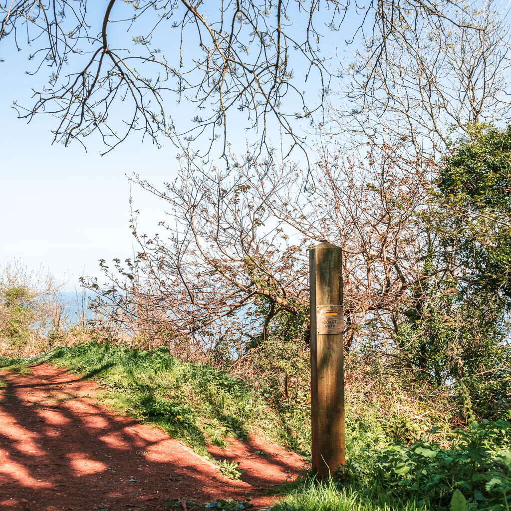 A wooden trail signpost next to a red dirt trail