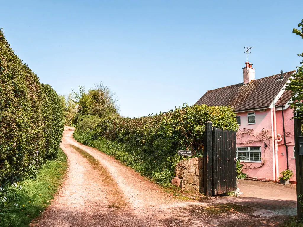 A path leading uphill to the left, lined with green hedges, and a pink house through the gate on the right.