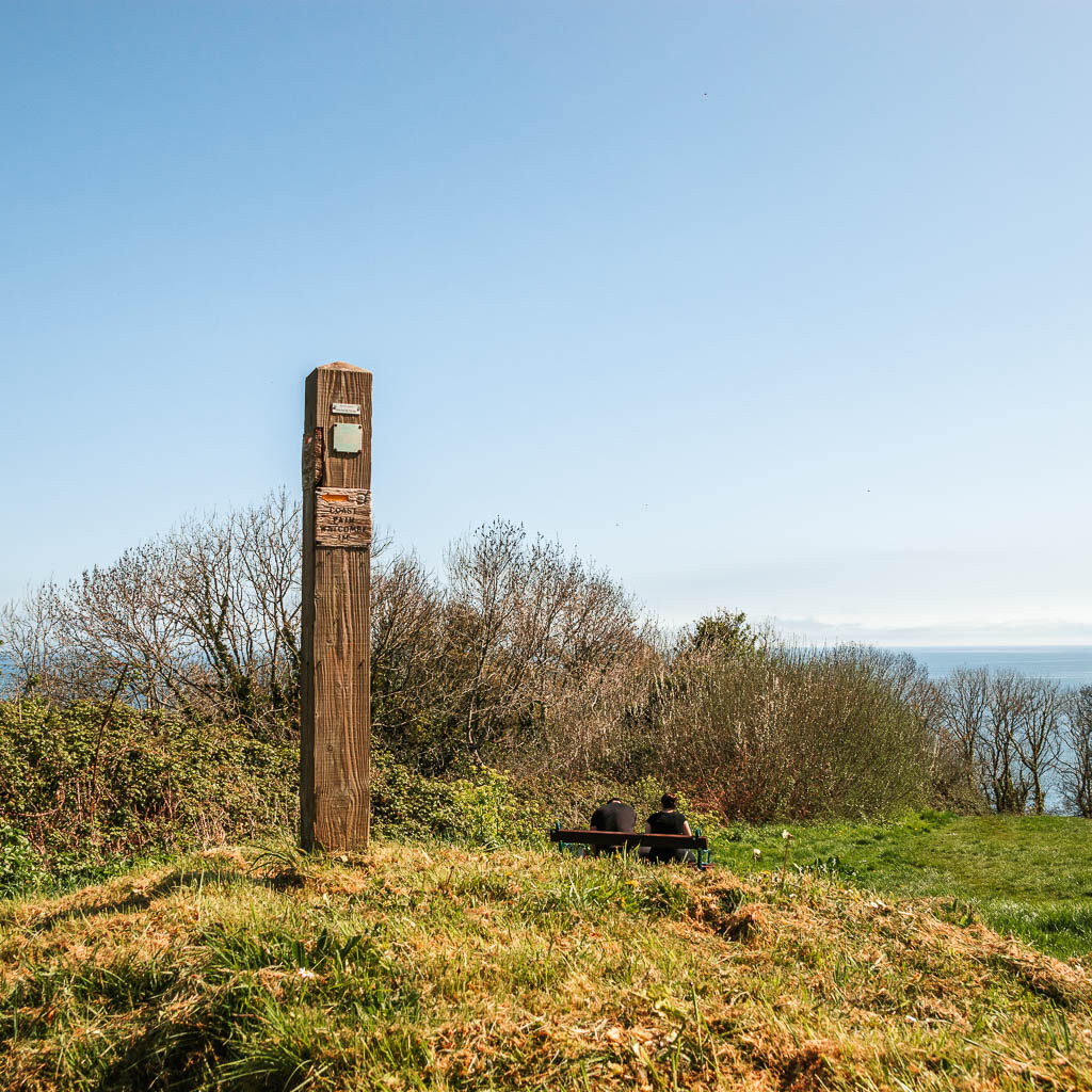 A wooden trail signpost on a small green grass covered hill.