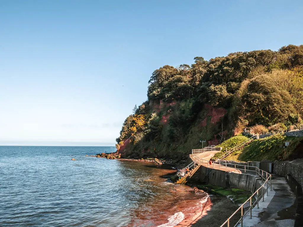 A Path and railing on the right, with the sea to the left and a tree covered cliff ahead in Shaldon.