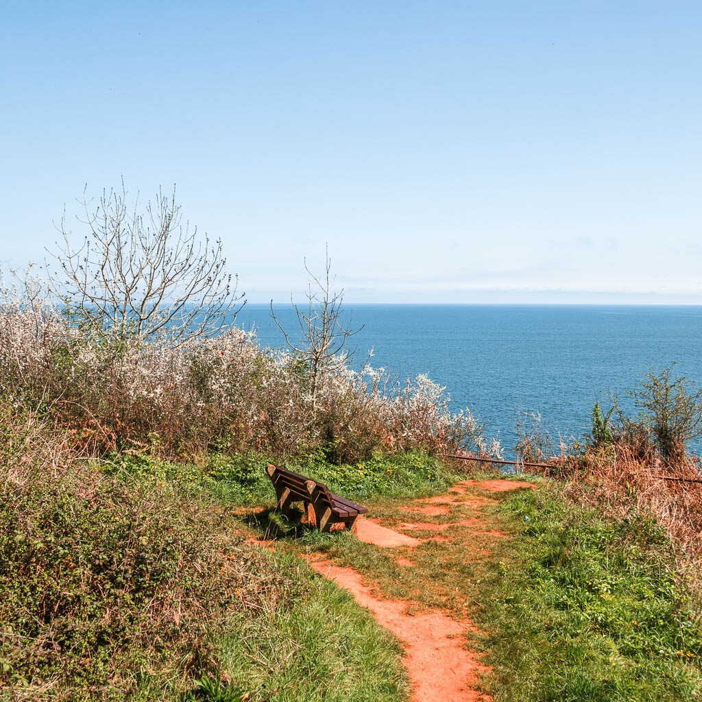 A red dirt trial leading to a wooden bench with a view out to the blue sea.