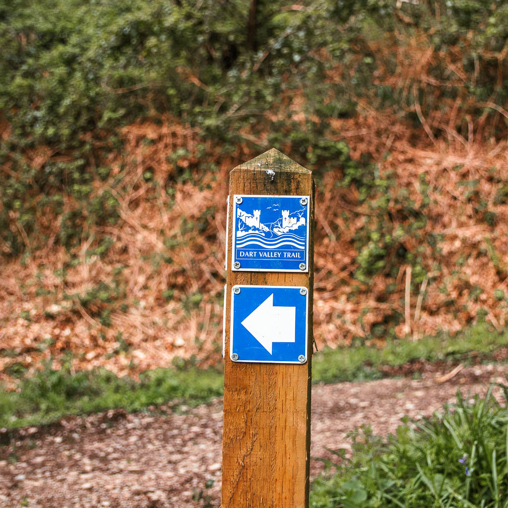 A wooden trail signpost with a blue plaque marking the dart valley trail walk route.