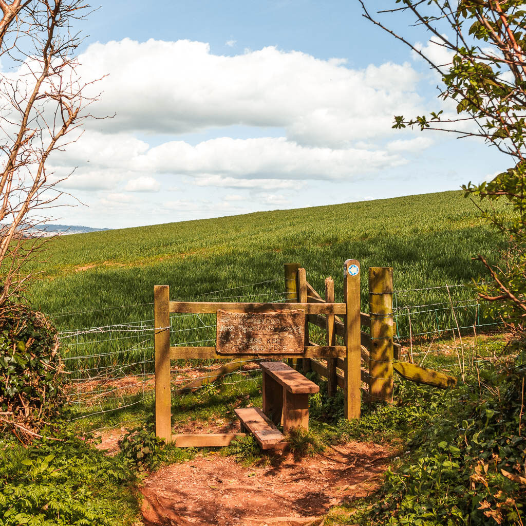 A wooden style leading to a green field.