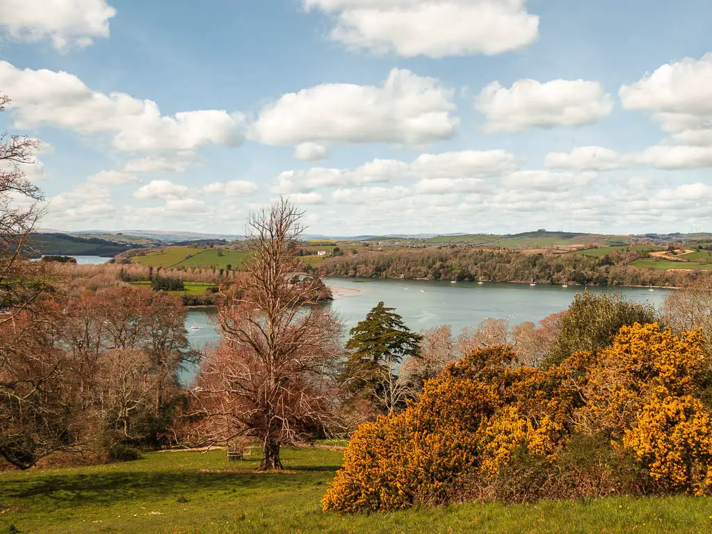 Looking down the valley to the river Dart, at the top of the hill on the trail from Dartmouth to Dittisham and Greenway. There are lots of autumn coloured trees at the bottom of the hill.