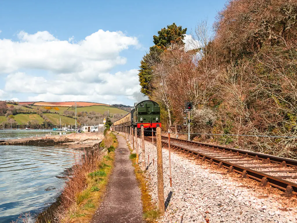 A narrow trail with a railway track to the right and river to the left on the Dartmouth Dittisham walk. There is a steam train coming towards the camera. There are trees to the right of the railway track. 