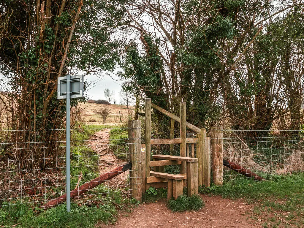 A wooden stile leading through the trees.