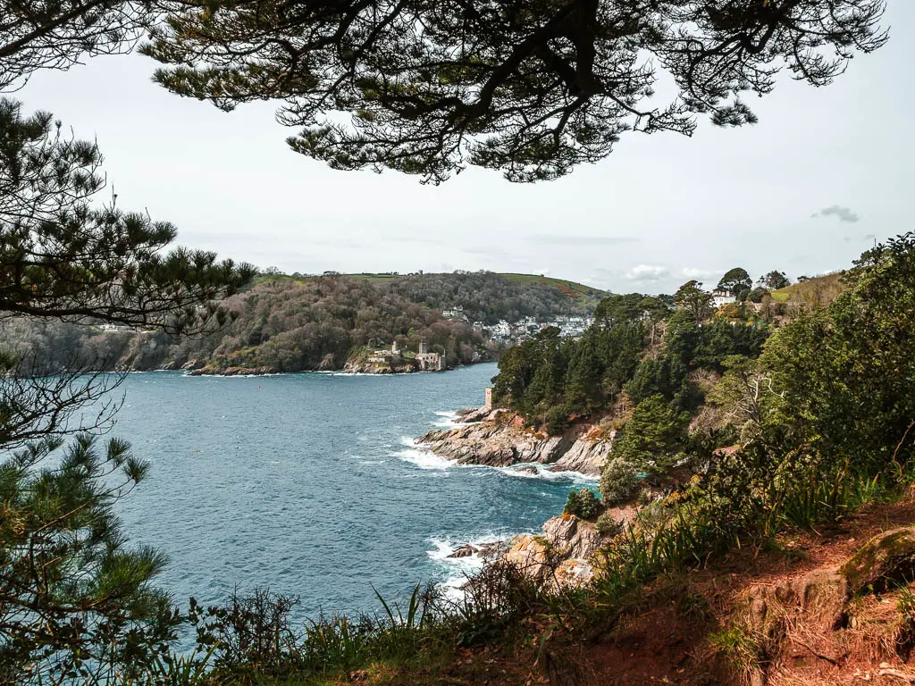 Looking down the sea and cliffside on the right, on the walk from Kingswear to Brixham. The cliff is covered in trees.