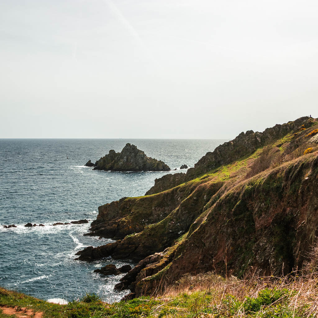 The rugged cliffs on the right leading down into the sea on the Kingswear to Brixham coastal walk