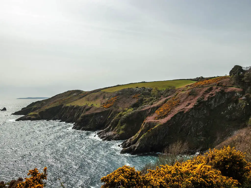 The rigged coastline sloping from right to left to meat the sea on the coastal walk from Kingswear to Brixham