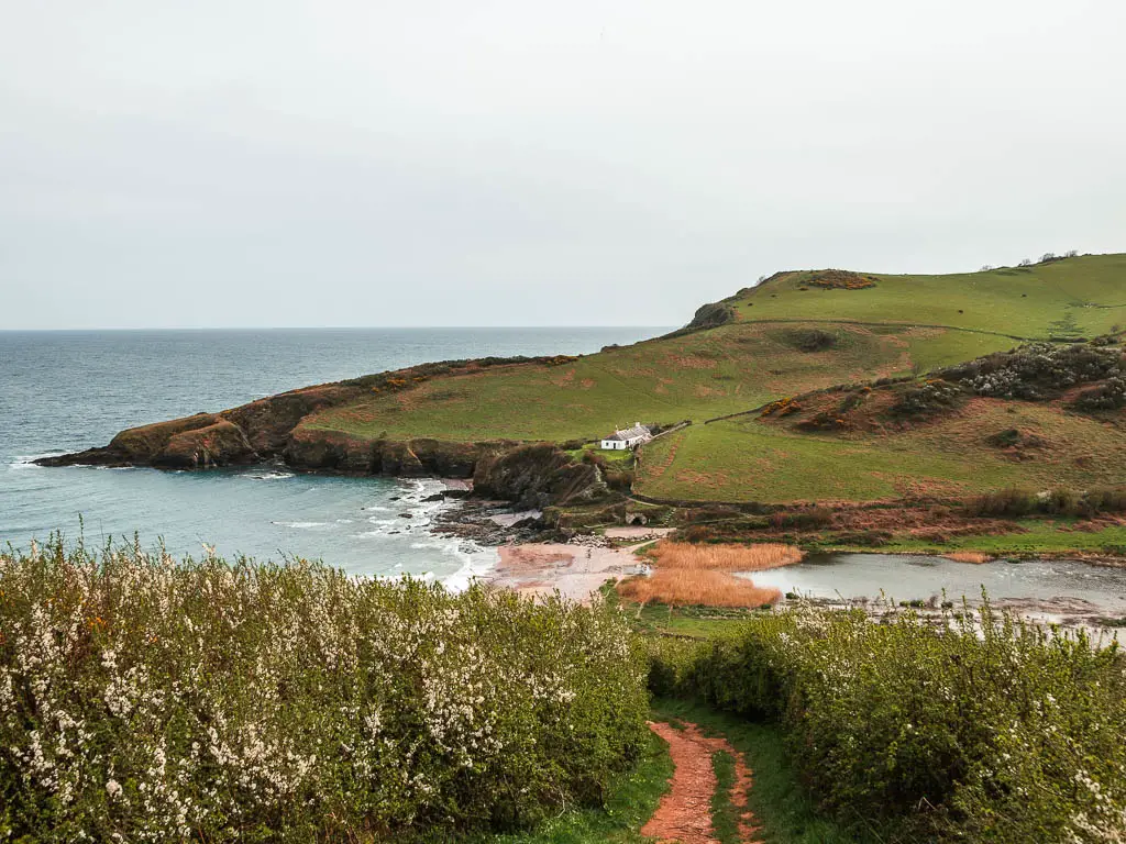 Looking back down into the valley between the cliff hills on the coastal walk from Kingswear to Brixham. There is a beach at the bottom and a white cottage on the edge of the cliff ahead. 