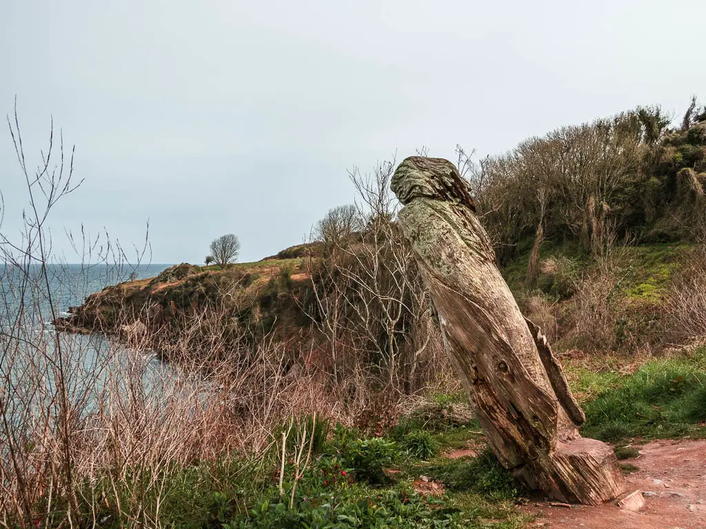 A wooden statue leading forwards on the cliffside, with the see visible to the left.