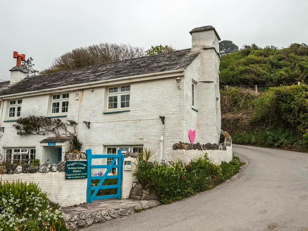 A white coloured cottage with a blue gate in Talland. There is also a pink heat on the side wall.