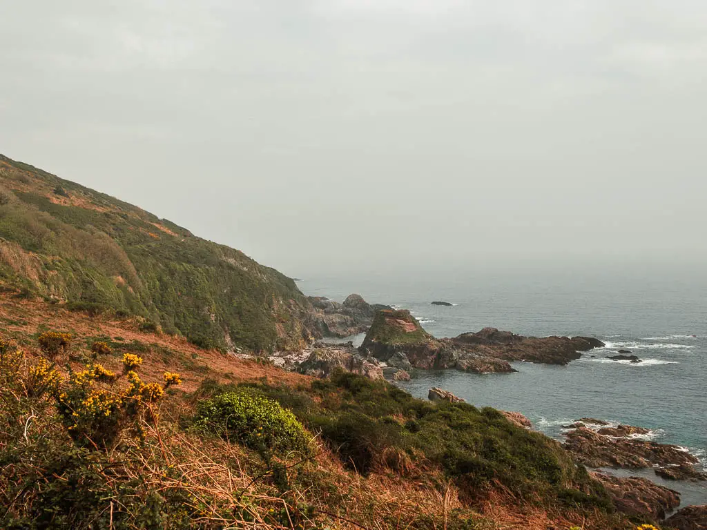 Looking along the hillside coastline where it meets the sea, on the coastal walk back to Looe from Polperro. There are a few small sea rocks.