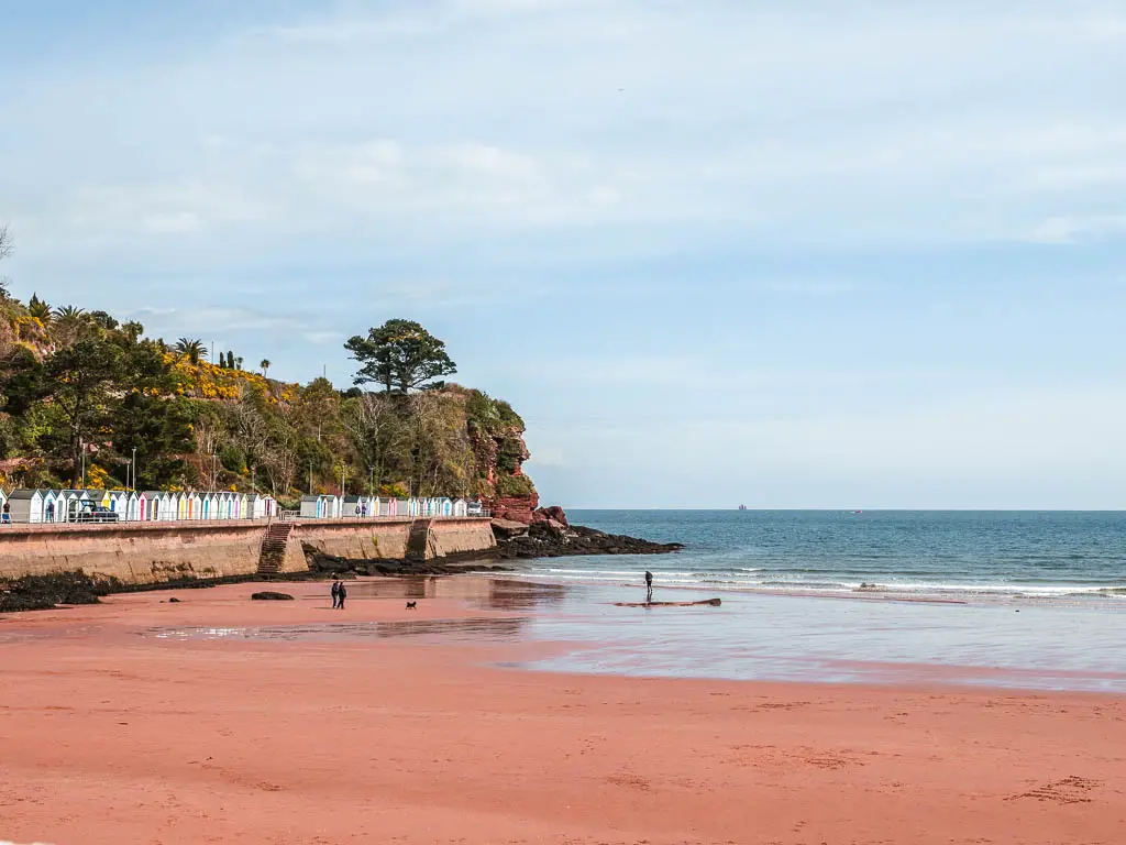 A red sand beach leading to the sea and a sea wall in front of the cliff to the left. There is a line of beach huts on the path above the sea wall.