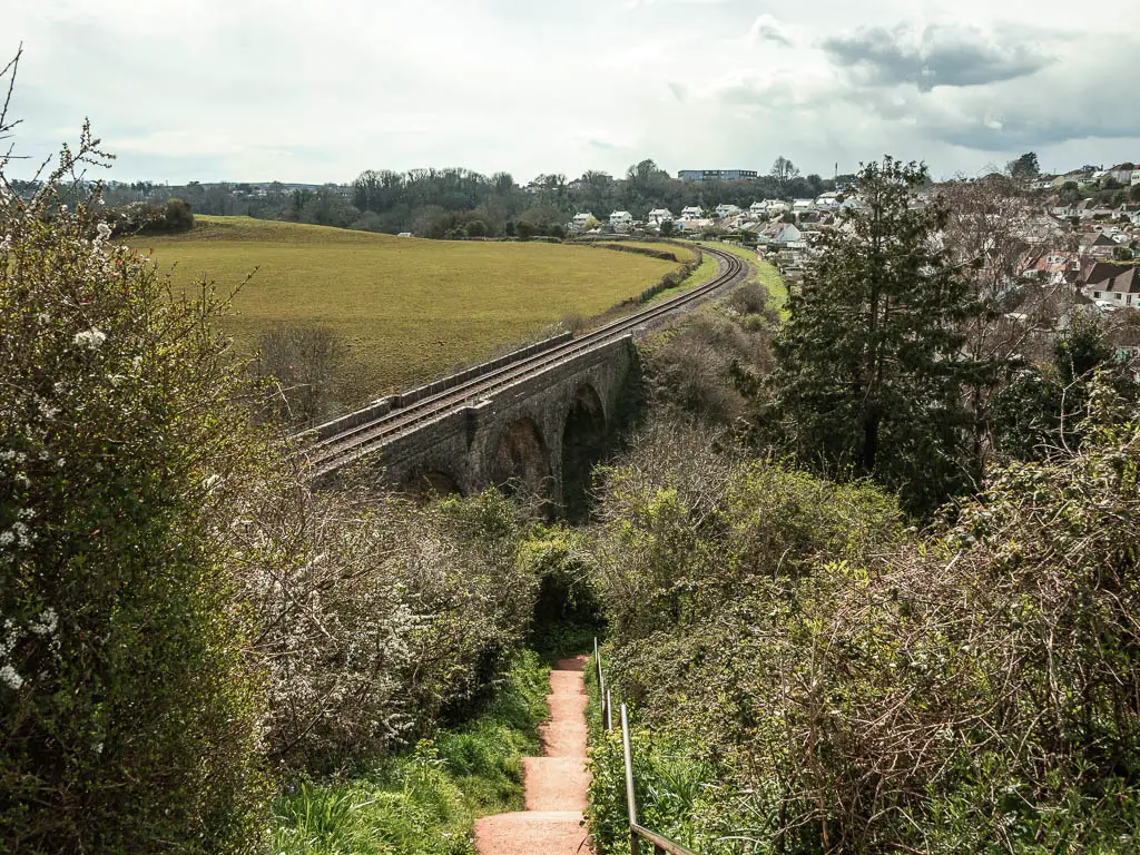 Steps leading down towards the railway viaduct bridge. The steps are surrounded by bushes and trees.