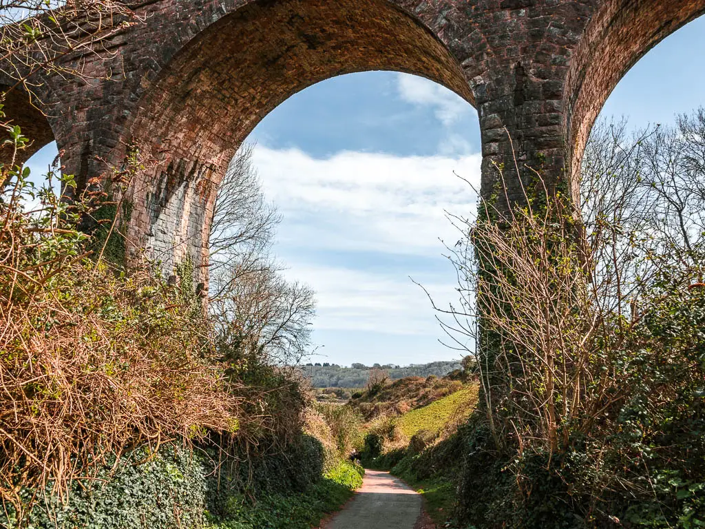 Looking under the archway of the viaduct on the coastal walk from Paignton to Brixham. There is a path running under the viaduct which is surrounded by bushes and trees.