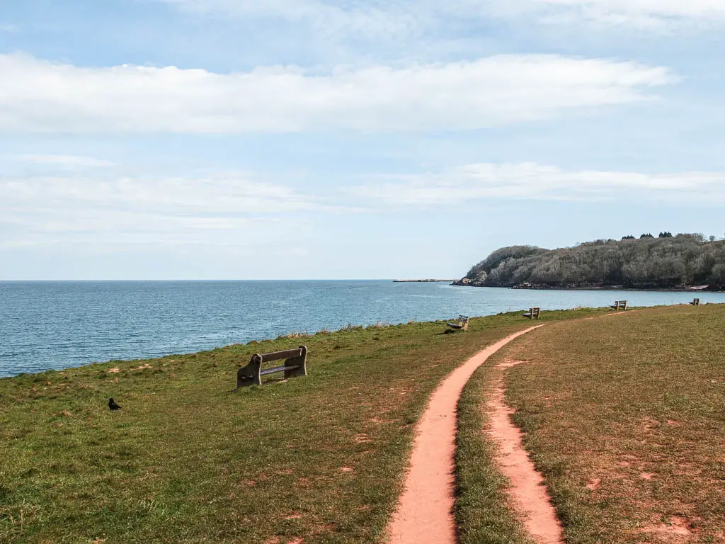 A trail running through the neat but grass and curving to the right, with the sea to the left. There are benching along the green facing out to sea. 