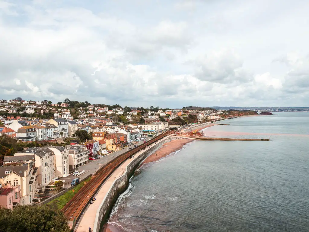 Looking down to the railway and all the houses of Dawlish on the left, and the sea on the right on the walk from Teignmouth.