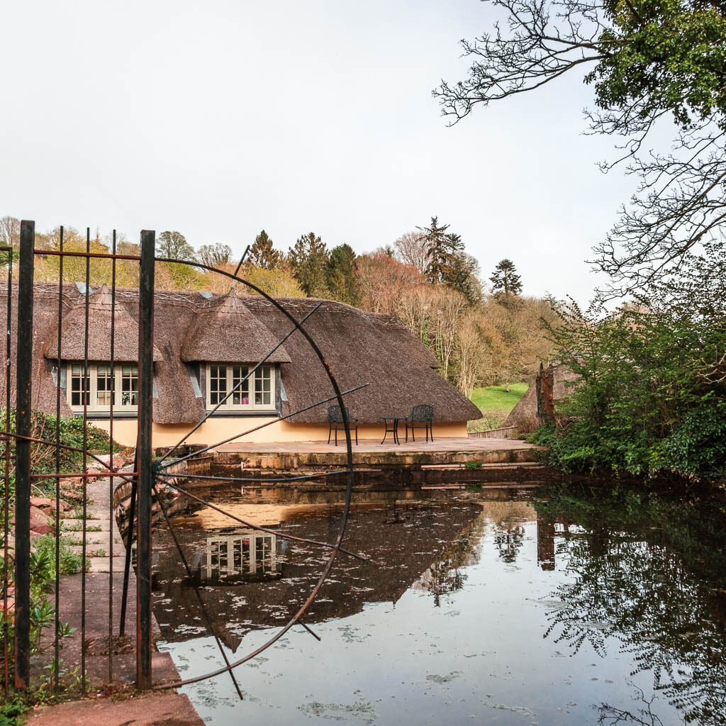 A pond with the top of a thatched roofed cottage visible on the other side.