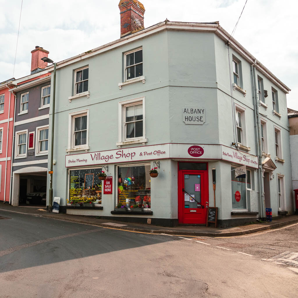 The corner of the street with the village shop and post office in Stoke Flemming