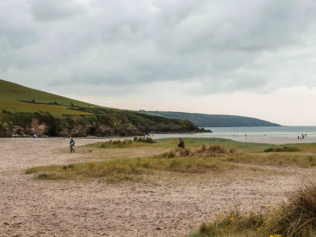 Looking across Par Sands Beach with some patches of grass and the cliffs and sea ahead. There are a few people walking on the beach.