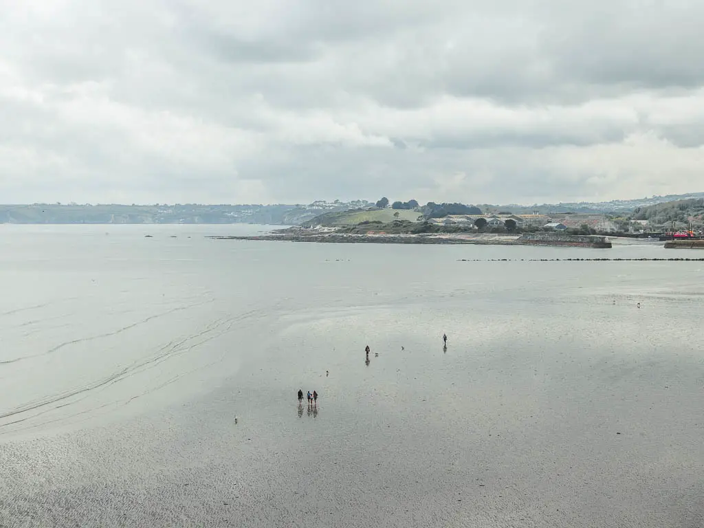 Looking down to the sea when the tide is low. There are a few people walking along it.