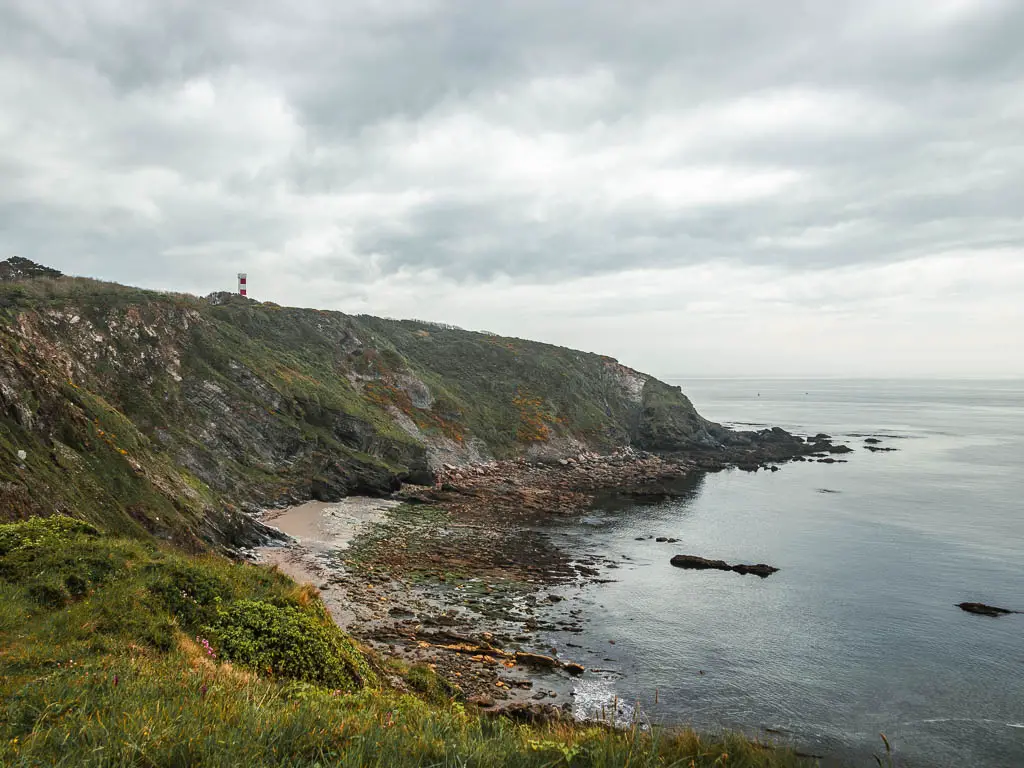 Looking down the cliffs as they curve around a small sandy beach cove on the coastal walk between Par and Fowey, with the Gribbin head daymark just about visible over the cliffs.