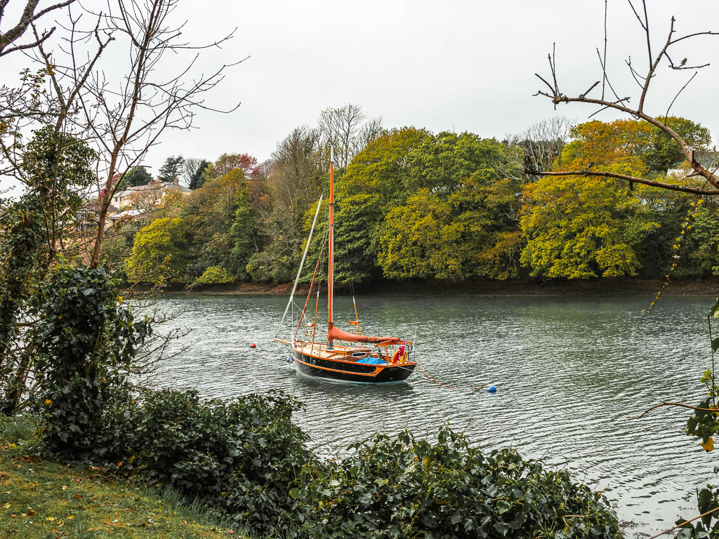 A river with a sail boat moored in the middle along the Snapes point walk from Salcombe. There are lots of bushy trees on the other side of the river. 