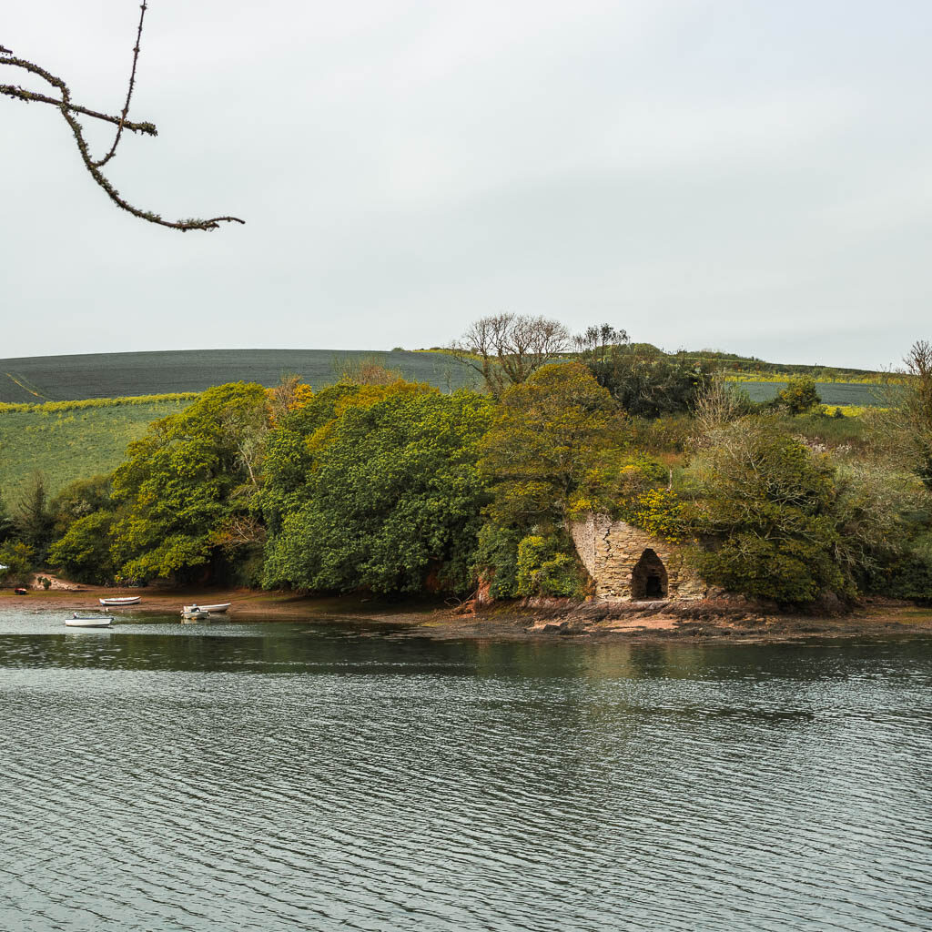 Looking across the river to some ruins surrounded by bushes on the circular Salcombe to Snapes point walk.